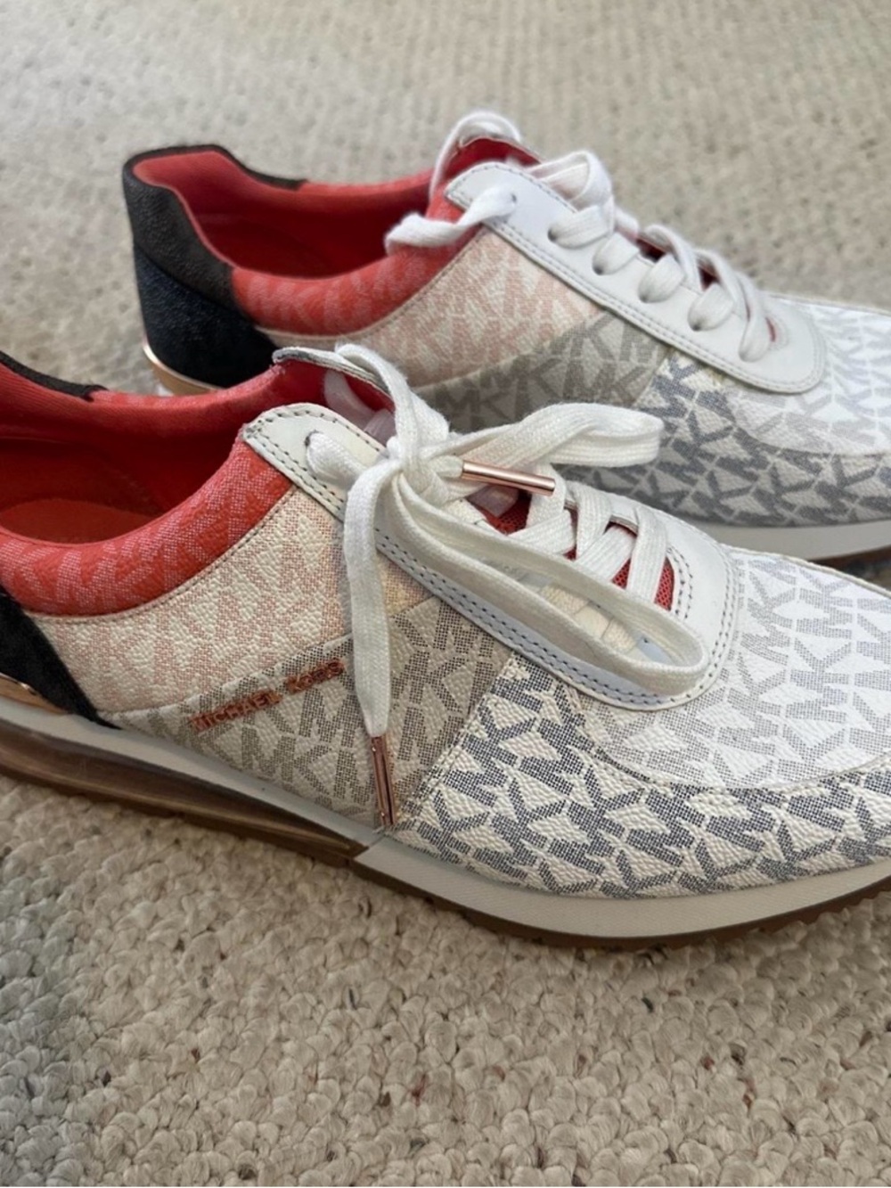 Michael Kors White & Coral MK Monogram Runner Sneakers